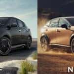 A black car on pavement and gold car driving on dirt road.