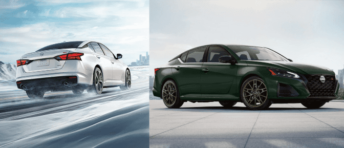 A white car and a green car