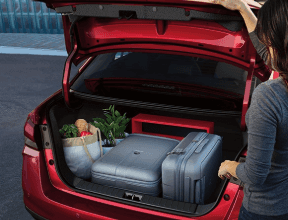 A person putting luggage in the trunk of a car