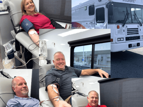 A collage of people donating blood