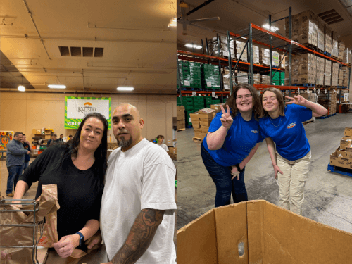 A collage of people in a warehouse