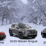 2025 Nissan Altima, Rogue and Sentra lineup driving on a snowy Spokane highway or city street, illustrating the best Nissan vehicles for winter commutes.