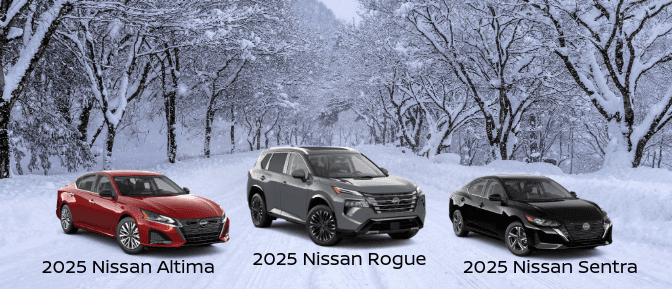 2025 Nissan Altima, Rogue and Sentra lineup driving on a snowy Spokane highway or city street, illustrating the best Nissan vehicles for winter commutes.