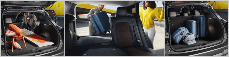 Nissan Kicks SUV with rear seats folded flat, showing spacious cargo area filled with suitcases and gear.