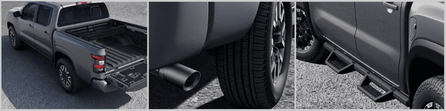 Group of three images showing available Nissan Frontier accessories: (Left) View of the truck bed with a cargo carrier; (Center) Close-up of a satin exhaust finisher near a rear wheel; (Right) Close-up of black, rugged step rails installed on the side of the truck.