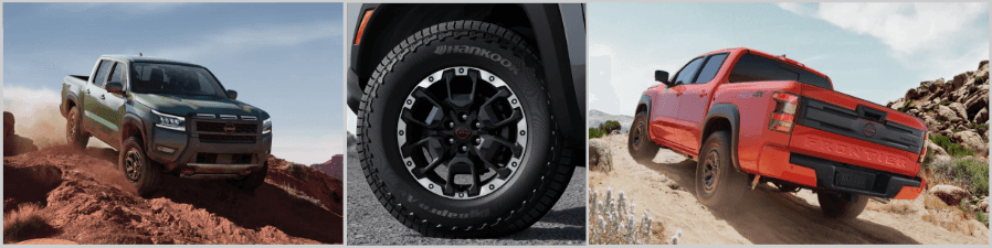 Group of three images showing the rugged capabilities and style of the Nissan Frontier PRO-4X: (Left) A green Frontier PRO-4X driving up a dusty, rocky hill; (Center) A close-up of the black and silver wheel with Hankook all-terrain tire; (Right) A red Frontier PRO-4X climbing a steep, rocky incline.