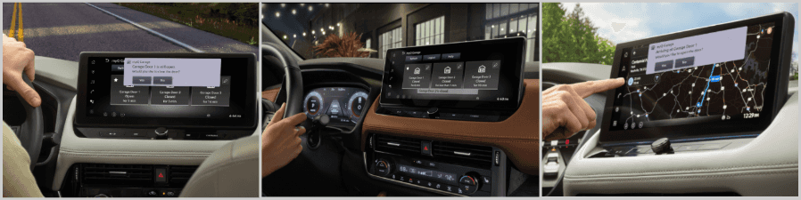 A collage showing various myQ Garage interface screens on a Nissan dashboard, including door status and navigation alerts.