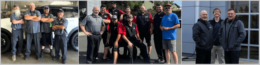 Three-panel collage showing different groups of automotive dealership service department employees posing together outdoors.