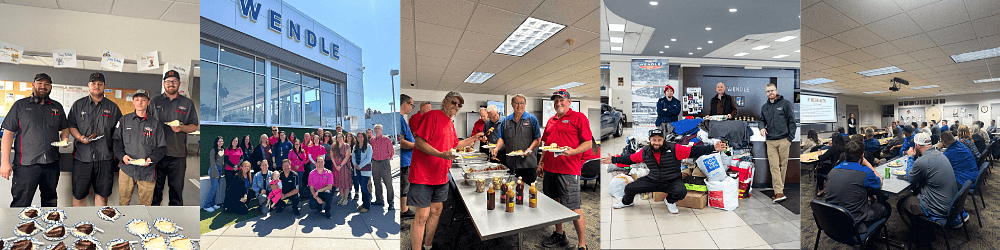 A collage of photos showing the team at Wendle Nissan in Spokane at gatherings of staff luncheons and training sessions.