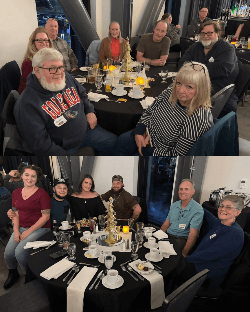 Wendle team members celebrating at the annual company Christmas party, enjoying dinner together.