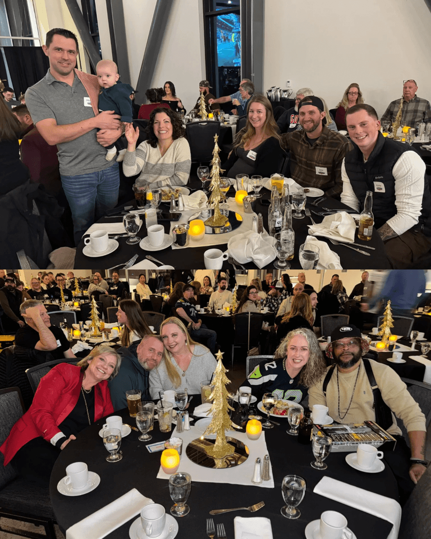 Wendle team members celebrating at the annual company Christmas party, enjoying dinner together.