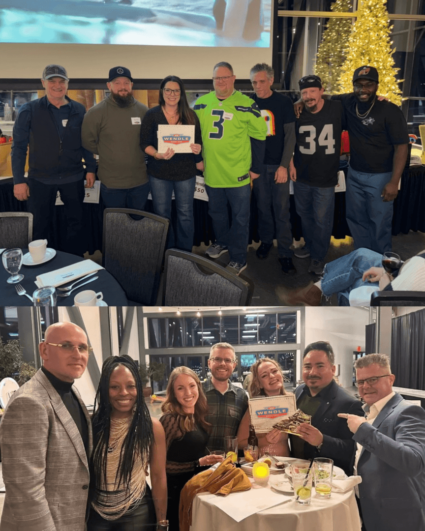 Wendle team members celebrating at the annual company Christmas party, enjoying dinner together.