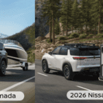 Side-by-side of 2026 Nissan SUVs: a black Armada towing a large boat by the coast and a white 2026 Pathfinder towing a rugged camping trailer by a forest.