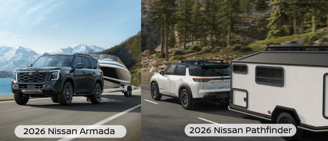Side-by-side of 2026 Nissan SUVs: a black Armada towing a large boat by the coast and a white 2026 Pathfinder towing a rugged camping trailer by a forest.