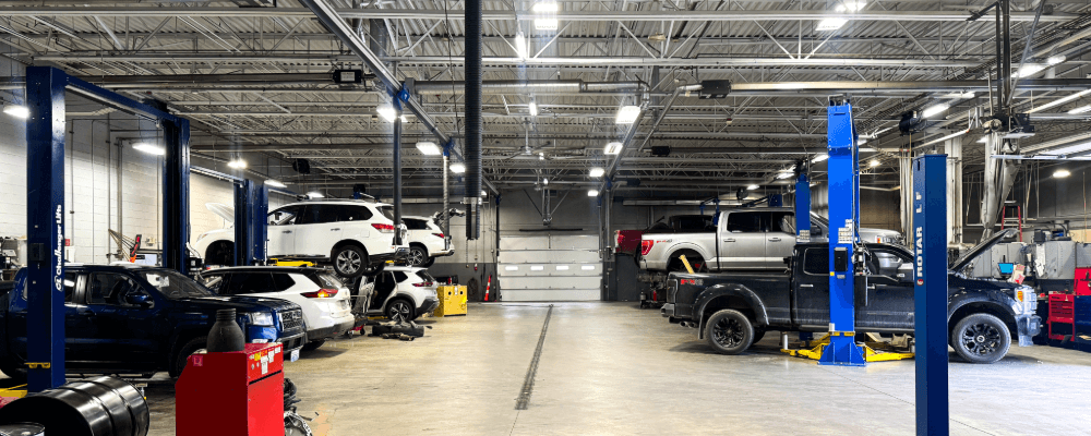 Automotive service shop interior with multiple vehicles, SUVs and pickup trucks, on hydraulic lifts, technicians’ workstations and a clean, well-lit garage environment.