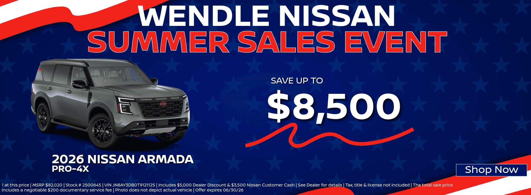 Wendle Nissan Summer Sale banner: Save up to $8,500 on a 2026 Nissan Armada. Blue background with stars.
