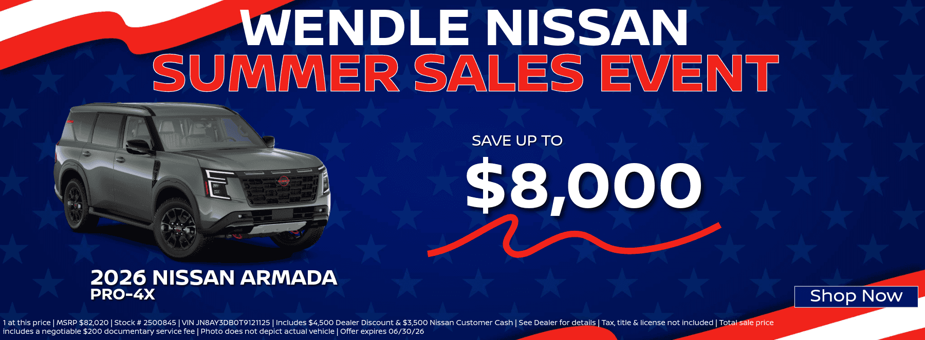 Wendle Nissan Summer Sale banner: Save up to $8,000 on a 2026 Nissan Armada. Blue background with stars.