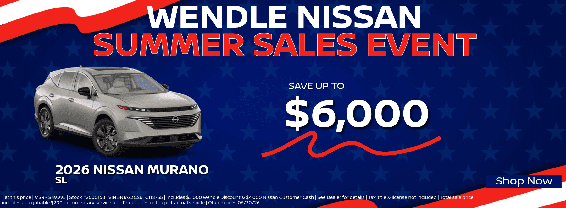 Wendle Nissan Summer Sale banner: Save up to $6,000 on a 2026 Nissan Murano. Blue background with stars.