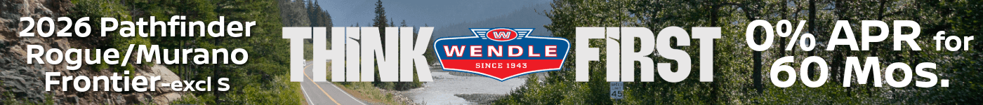 Wendle Nissan banner for 2026 Pathfinder, Rogue, Murano and Frontier; features a mountain road and 0% APR for 60 months.