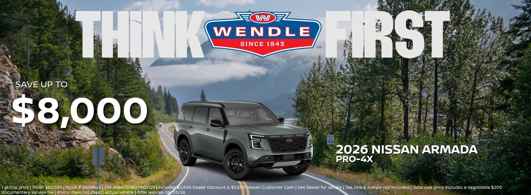 A banner featuring a 2026 Nissan Armada PRO-4X on a mountain road with the text "THINK WENDLE FIRST" and "SAVE UP TO $8,000".