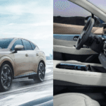 2026 Nissan Murano exterior driving in snowy conditions side-by-side with a detailed interior dashboard view.