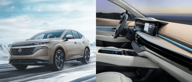 2026 Nissan Murano exterior driving in snowy conditions side-by-side with a detailed interior dashboard view.