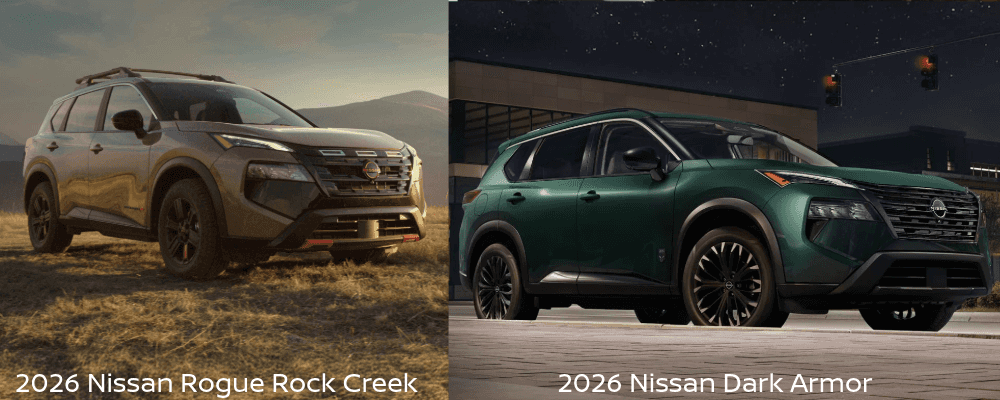 Side-by-side view of an AWD 2026 Nissan Rogue Rock Creek outdoors and an AWD dark green 2026 Nissan Dark Armor on a city street.