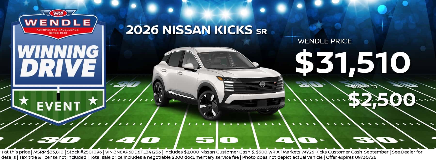 Wendle Winning Drive graphic featuring a white 2026 Nissan Kicks SR for $31,510 with savings up to $2,500.