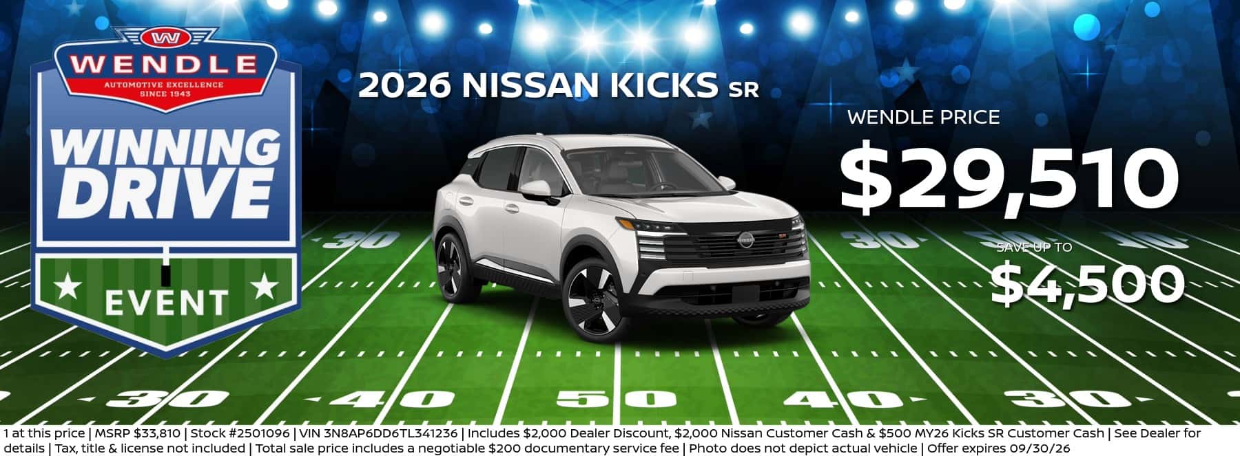 Wendle Winning Drive graphic featuring a white 2026 Nissan Kicks SR for $31,510 with savings up to $4,500.