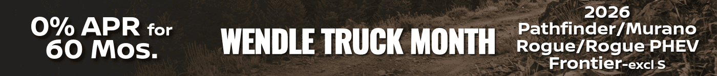 Wendle Truck Month promotional banner offering 0% APR financing for 60 months on select 2026 Nissan models.