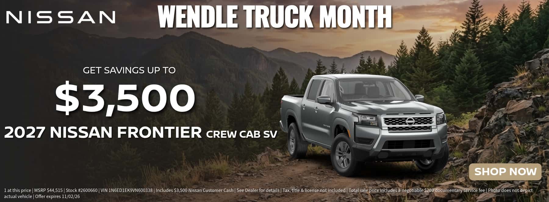 Wendle Truck Month promotional banner featuring a black 2027 Nissan Frontier SV outdoors with savings up to $3,500.
