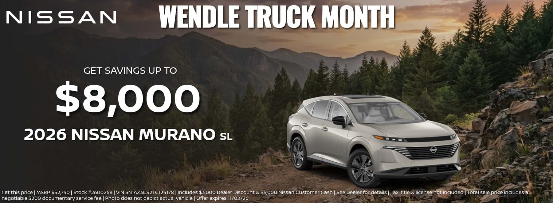 Wendle Truck Month promotional banner featuring a silver 2026 Nissan Murano SL outdoors with savings up to $8,000.