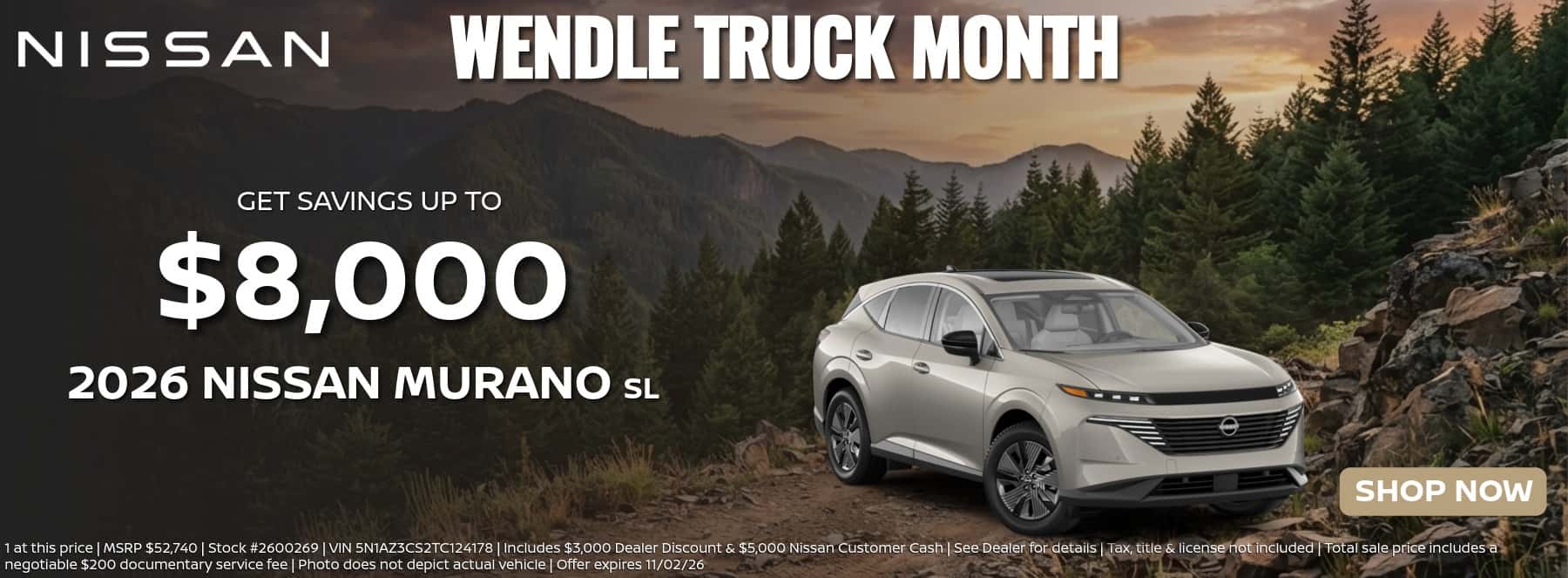 Wendle Truck Month promotional banner featuring a silver 2026 Nissan Murano SL outdoors with savings up to $8,000.