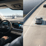 Split view showing a driver using Nissan ProPILOT Assist inside the vehicle and an aerial graphic of lane-centering technology.