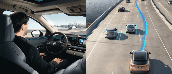 Split view showing a driver using Nissan ProPILOT Assist inside the vehicle and an aerial graphic of lane-centering technology.