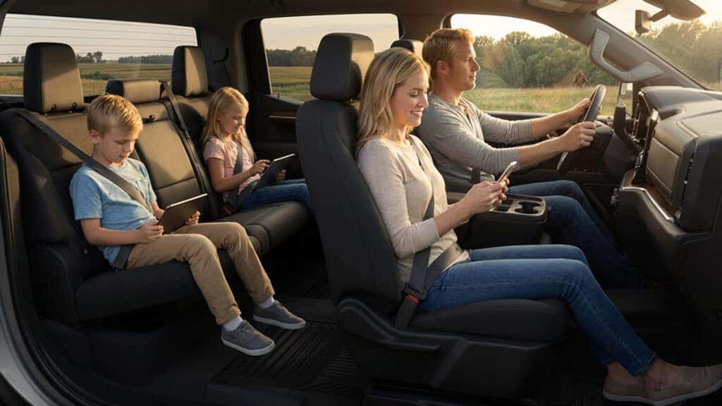 Blonde family seated inside a pickup truck interior at sunset, parents in front wearing seat belts while children in back use tablets, rural Wisconsin farmland visible through the windows.