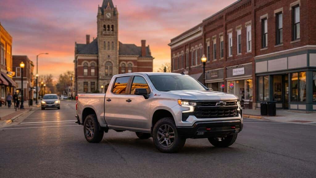 Silver Chevrolet Silverado truck driving past Marshfield’s Old City Hall during an evening golden hour scene