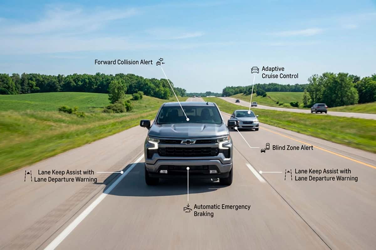 2026 Chevrolet Silverado safety technology on Wisconsin highway