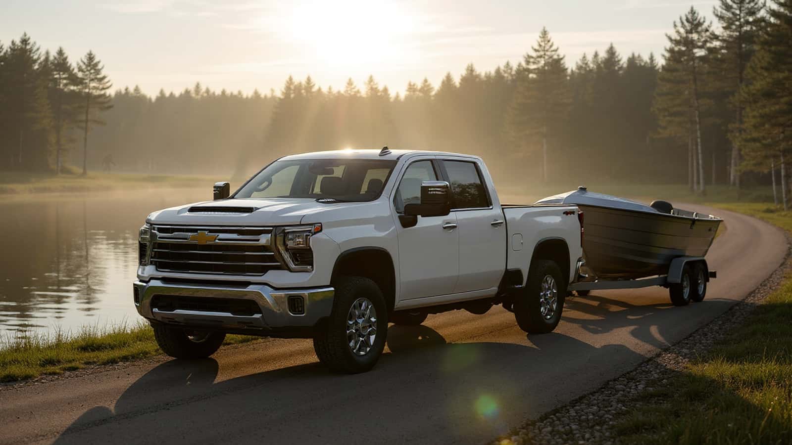 White Chevrolet Silverado 2500 HD crew cab towing a fishing boat on a rural road beside the Wisconsin River during a misty Central Wisconsin sunrise with pine trees in the background