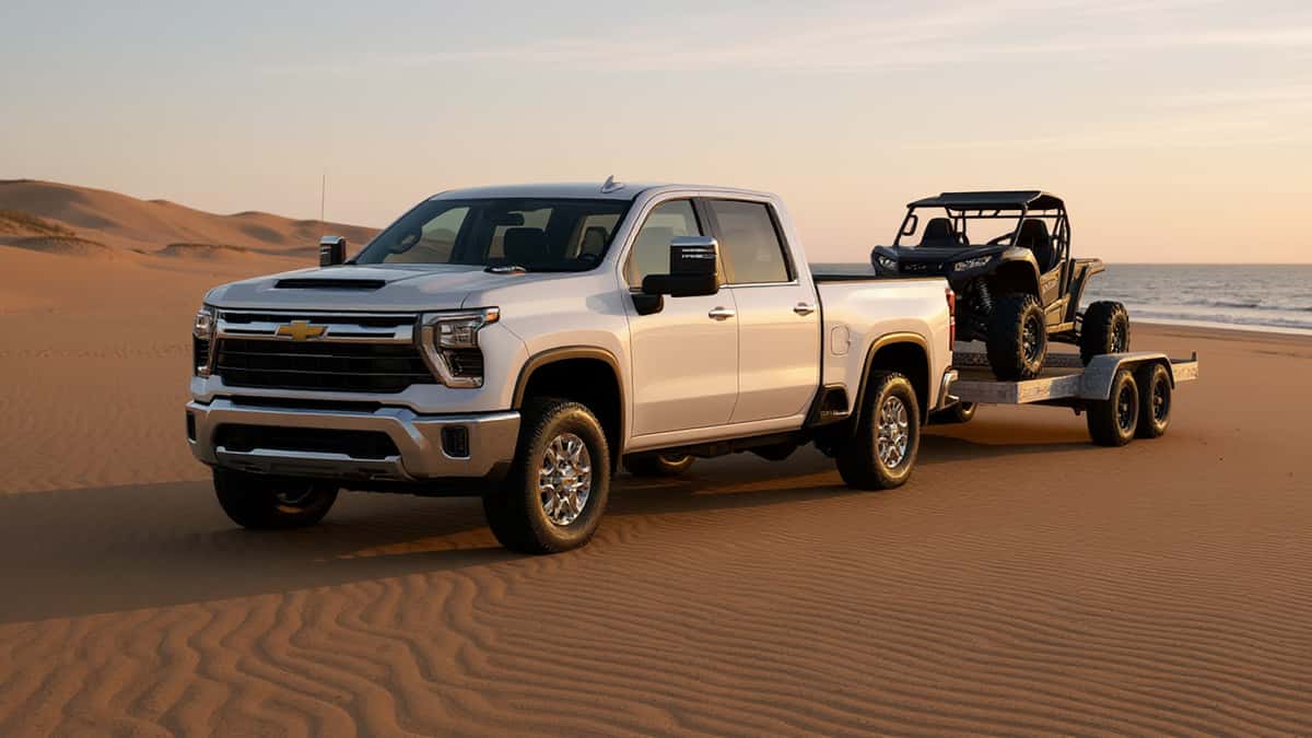 White Chevrolet Silverado 2500 HD crew cab pulling a trailer with a side-by-side UTV across Lake Michigan sand dunes during golden sunrise with rippled sand and shoreline in the background.