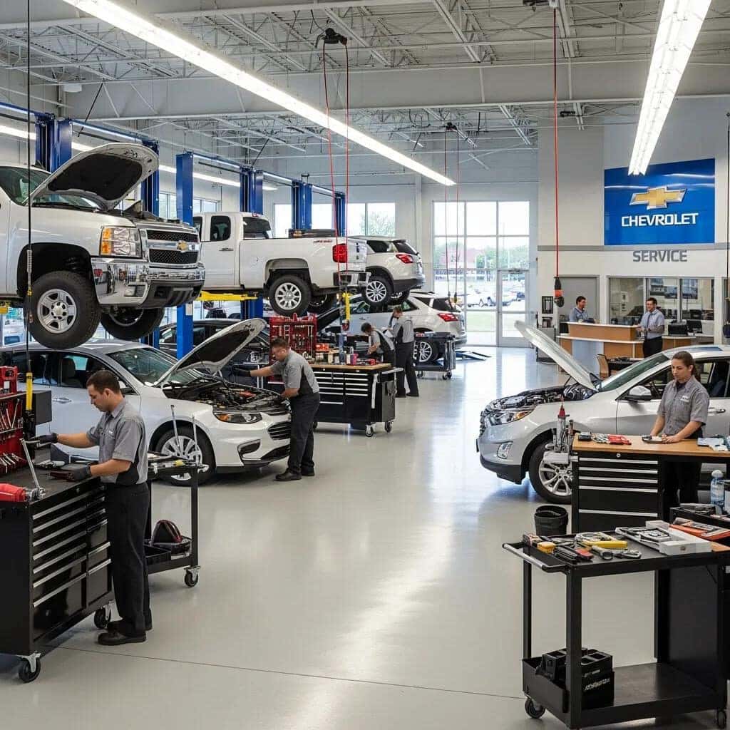 chevrolet-service-center-with-technicians-performing-brake-repairs