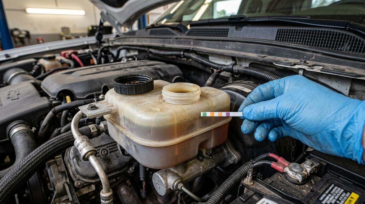 Close-up of a Chevrolet brake fluid reservoir showing fluid level and condition during a multi-point inspection