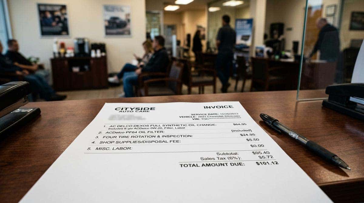 Service advisor reviewing a vehicle service invoice with oil change line items at a Chevrolet dealership in Wisconsin