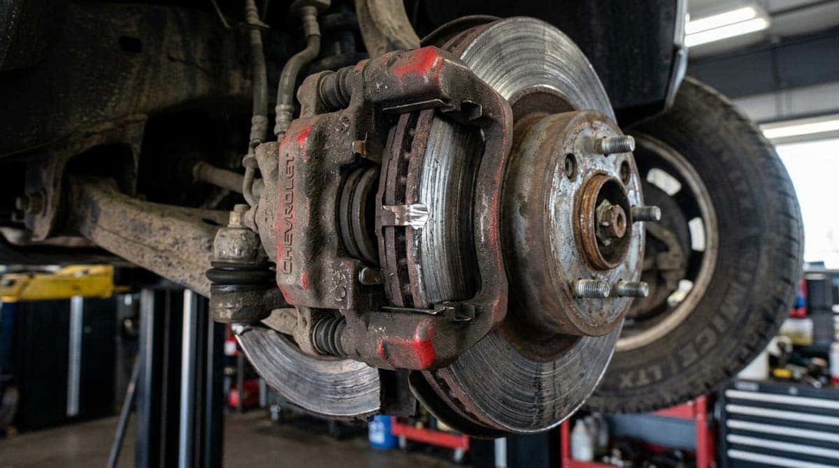 Worn brake pad with metal wear indicator causing squeal noise on Chevrolet Silverado brake assembly at wheel