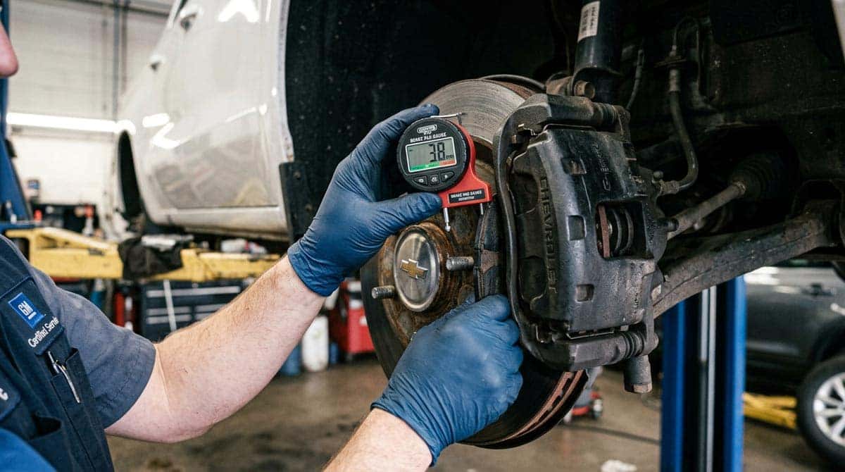 Technician measuring brake pad thickness with a caliper tool on a Chevrolet Silverado brake assembly