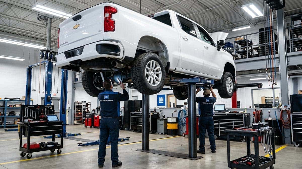 Two GM-certified technicians working under a white Chevrolet Silverado raised on a lift in the Wheelers service bay.