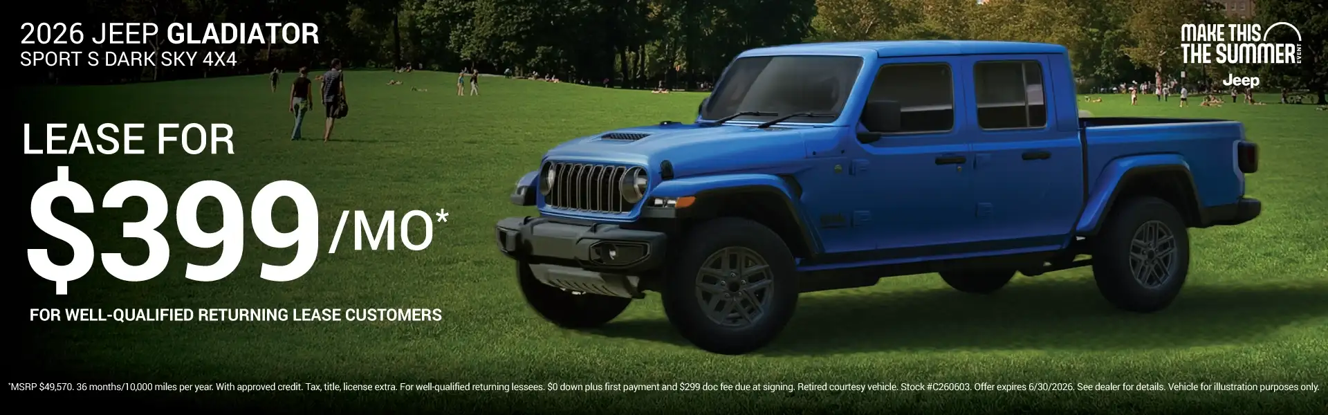2026 JEEP GLADIATOR SPORT DARK SKY C260603 - Lease for $399 per month for 36 months/10,000 miles per year*