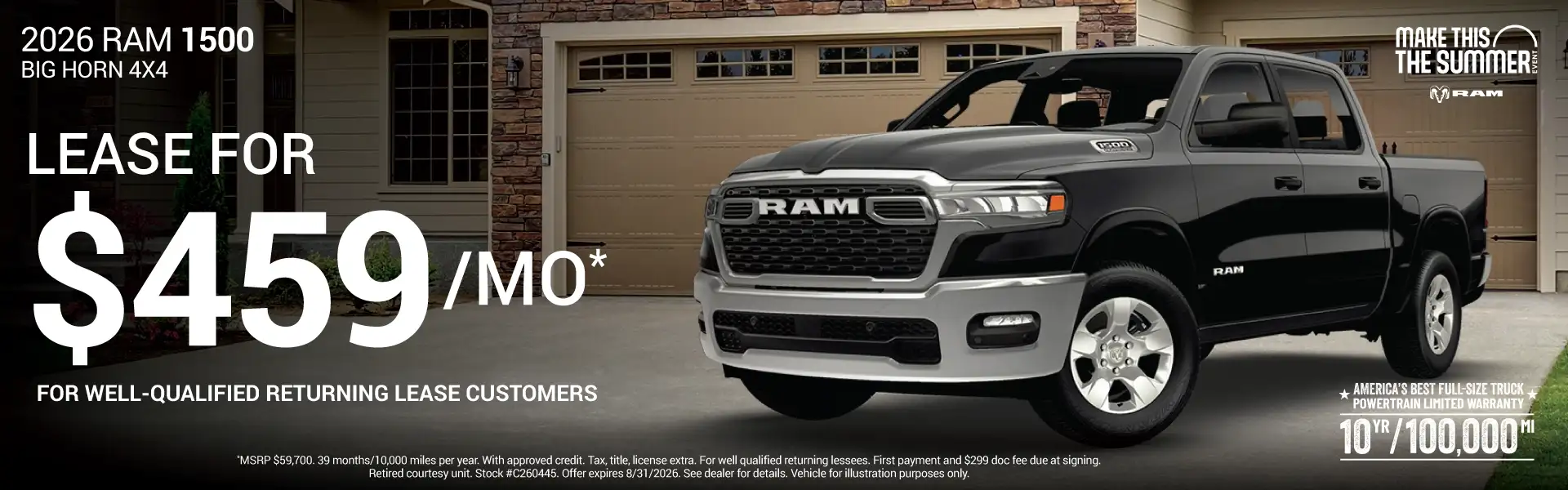 2026 RAM 1500 Big Horn #C260445 - Lease for $459 per month for 39 months/10,000 miles per year*