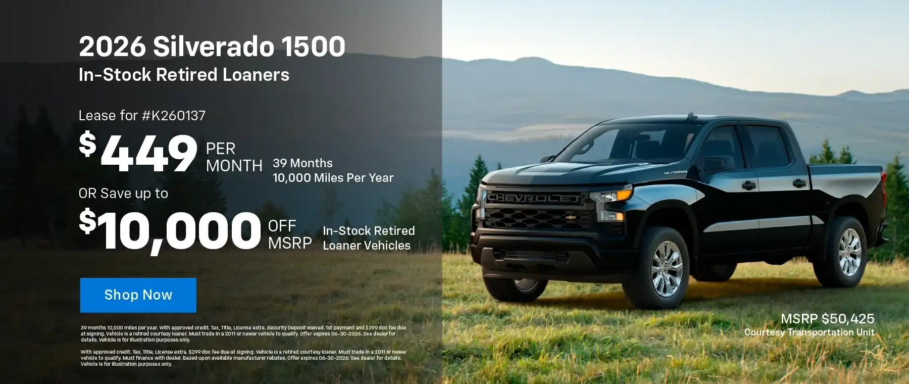 2026 Chevy Silverado 1500 Custom Crew Cab 4x4 - Lease for $449 per month for 39 months 10,000 miles per year