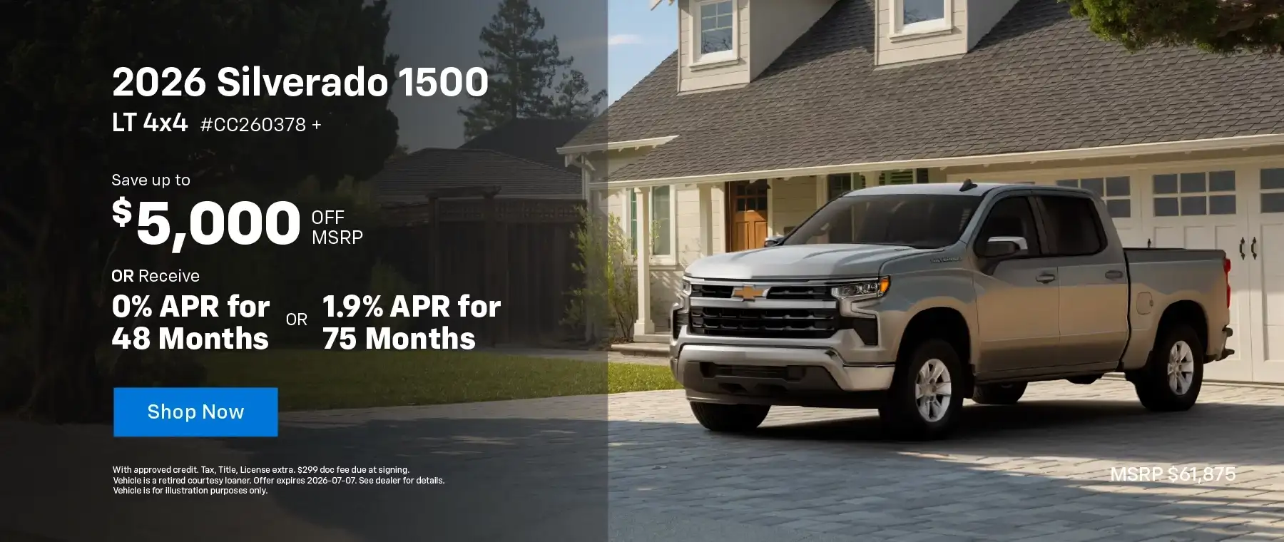 2026 Chevy Silverado 1500 LT Crew Cab 4x4 - Save up to $5,000 off MSRP & Receive 0% APR for 60 months or 1.9% APR for 75 months